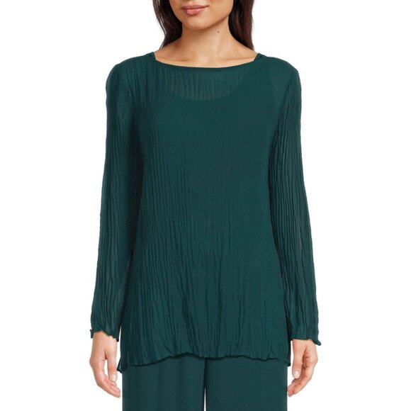 Eileen Fisher | Crinkled Sheer Silk Georgette Bateau Neck Long Top Aegean Green - Picture 2 of 12